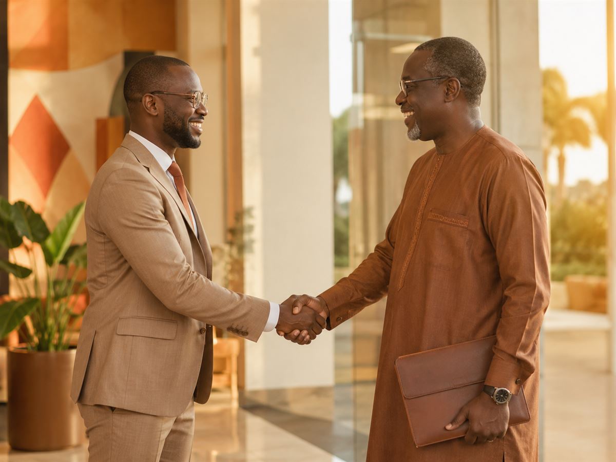 Poignée de main entre un consultant 2B Business Booster et un dirigeant d'entreprise à Dakar