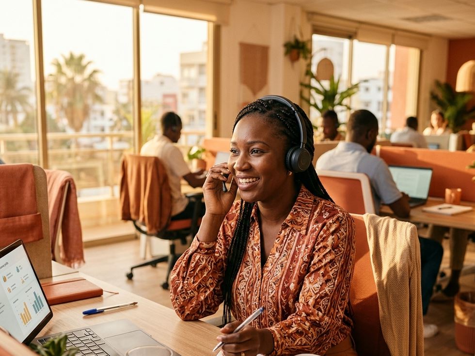 Chargée de clientèle sénégalaise répondant à un client au téléphone depuis son poste à Dakar