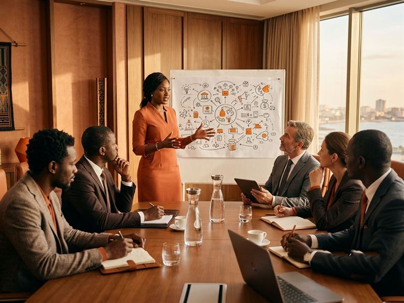 Consultante animant un atelier de transformation digitale devant une équipe à Dakar