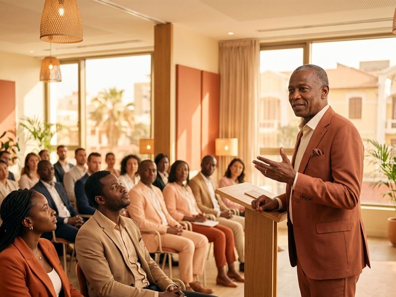 Dirigeant sénégalais s'adressant à ses équipes et partenaires lors d'une réunion institutionnelle