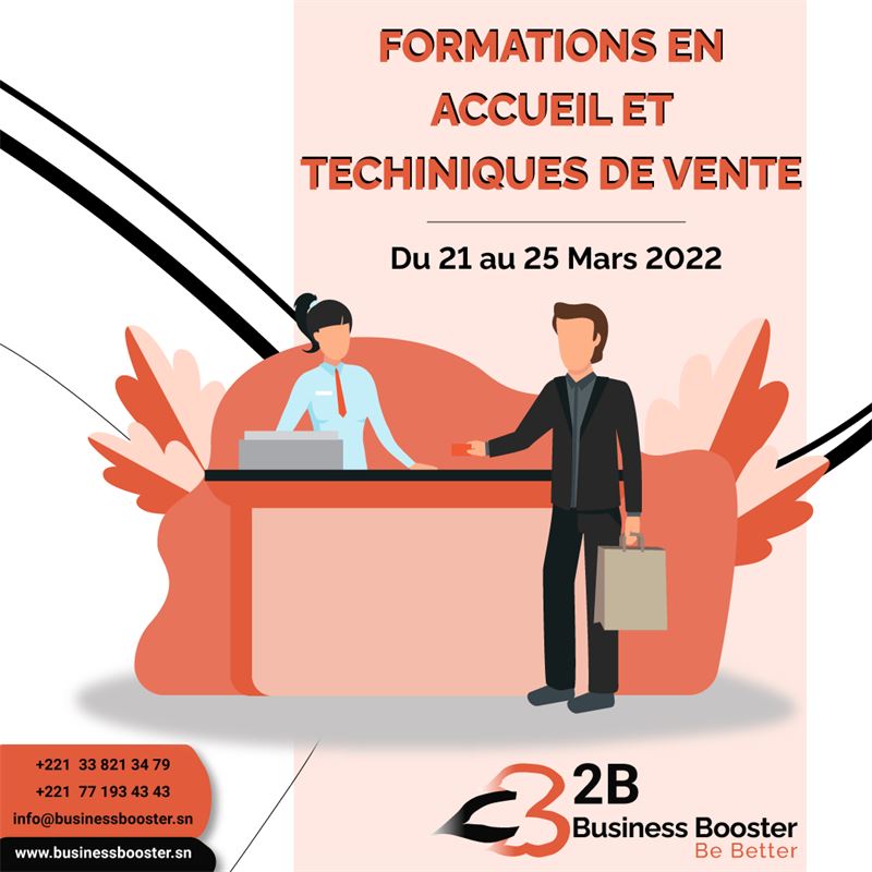 Affiche 2B Business Booster annonçant la formation en accueil et techniques de vente