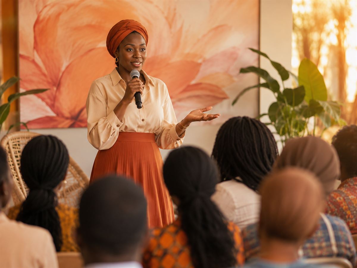 Intervenante partageant son retour d'expérience lors d'un événement professionnel à Dakar