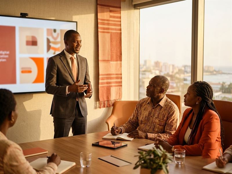 Consultant présentant un plan de transformation digitale en salle de réunion à Dakar