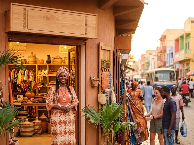 Commerçante sénégalaise devant sa boutique, des clients s'arrêtant devant sa vitrine à Dakar