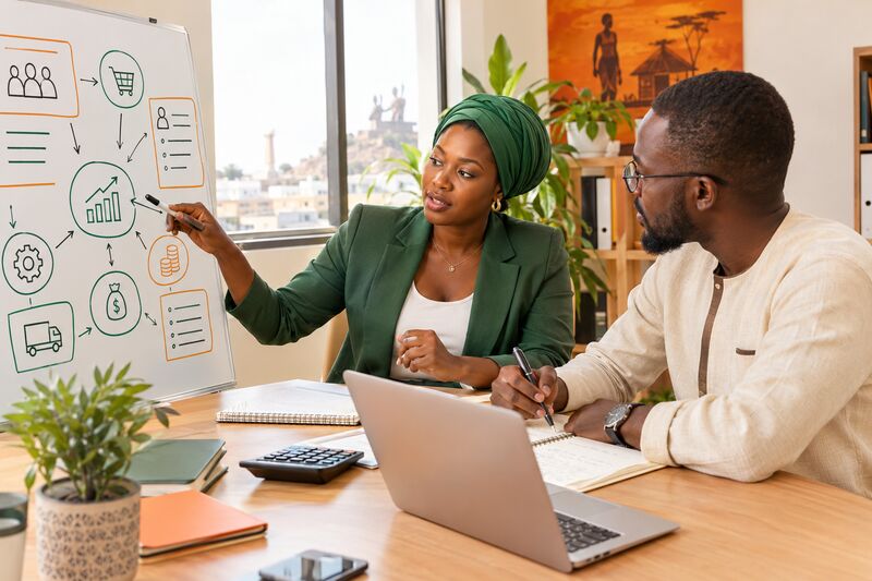 Dirigeante d'une PME dakaroise et son associé analysant un modèle économique sur un tableau blanc dans un bureau lumineux