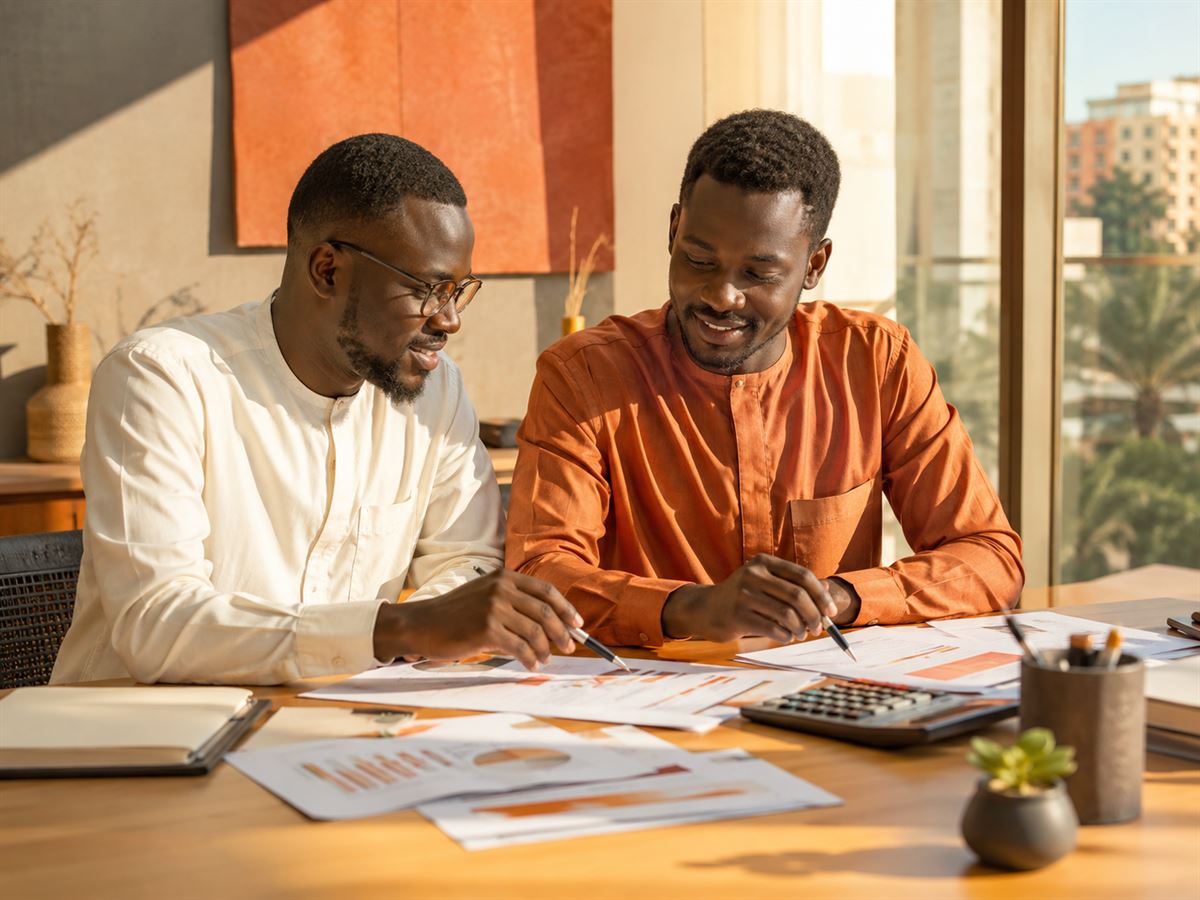 Porteur de projet et consultant 2B travaillant sur un business plan à Dakar