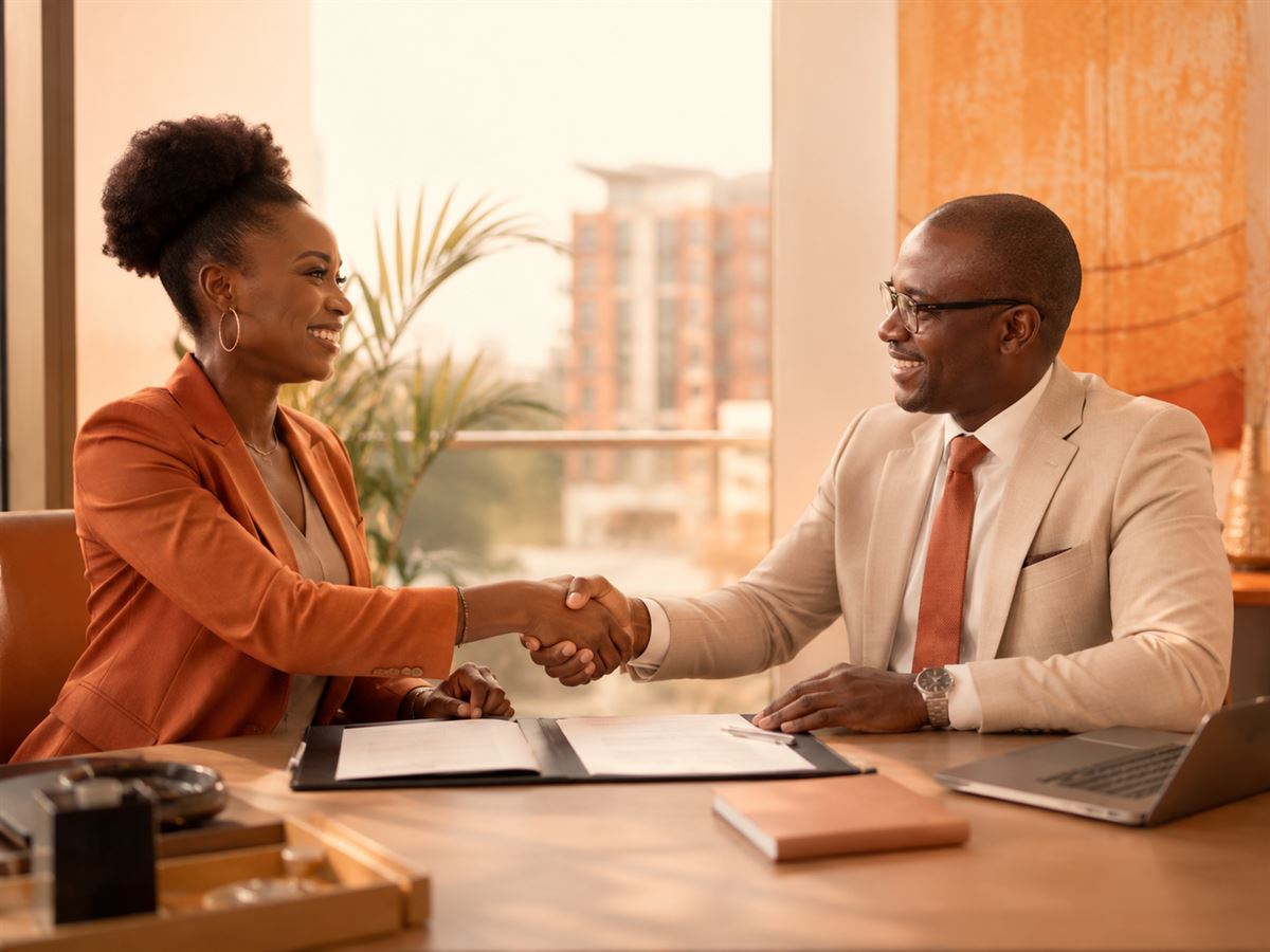 Poignée de main entre un entrepreneur et un financeur après validation d'un business plan au Sénégal