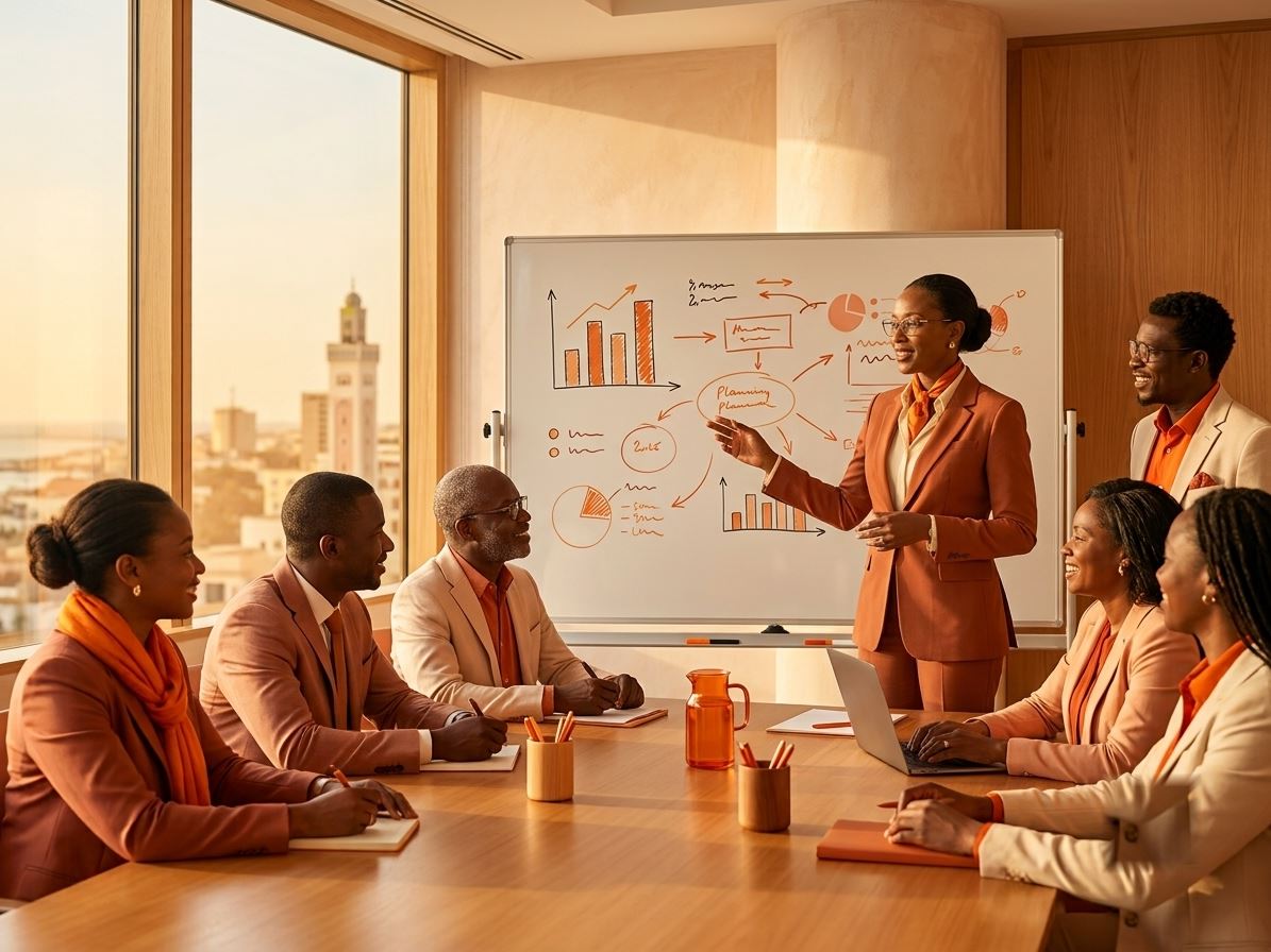 Équipe commerciale d'une PME sénégalaise en réunion de stratégie avec un consultant 2B