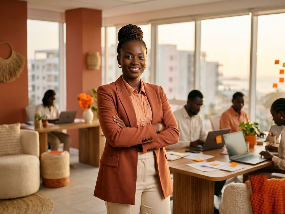 Collaboratrice sénégalaise souriante et confiante après un coaching 2B Business Booster