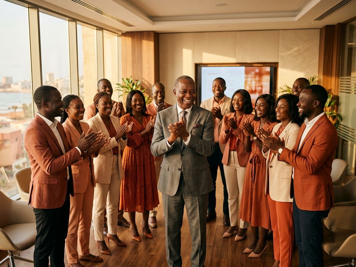 Manager félicitant son équipe lors d'une séance de coaching en leadership à Dakar
