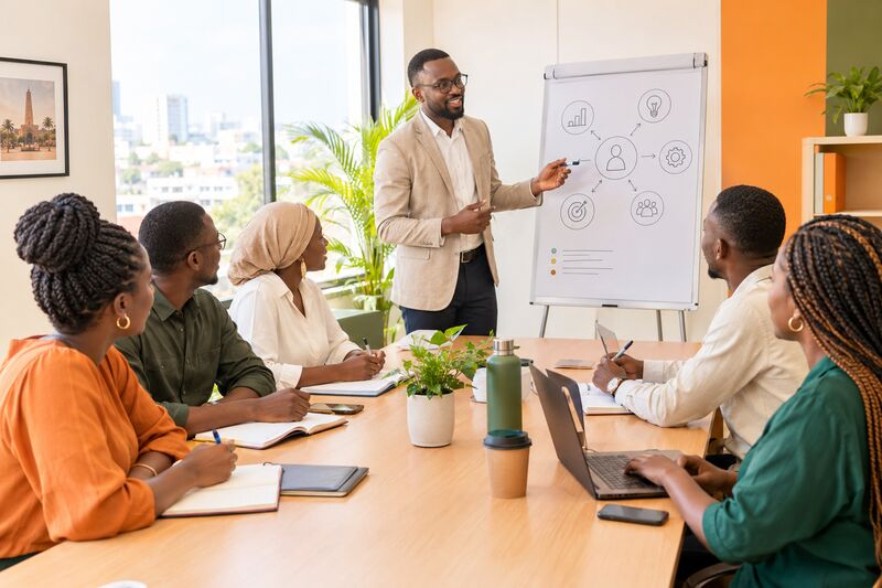 Formateur animant une séance de formation devant une équipe de collaborateurs dans une salle de travail lumineuse à Dakar