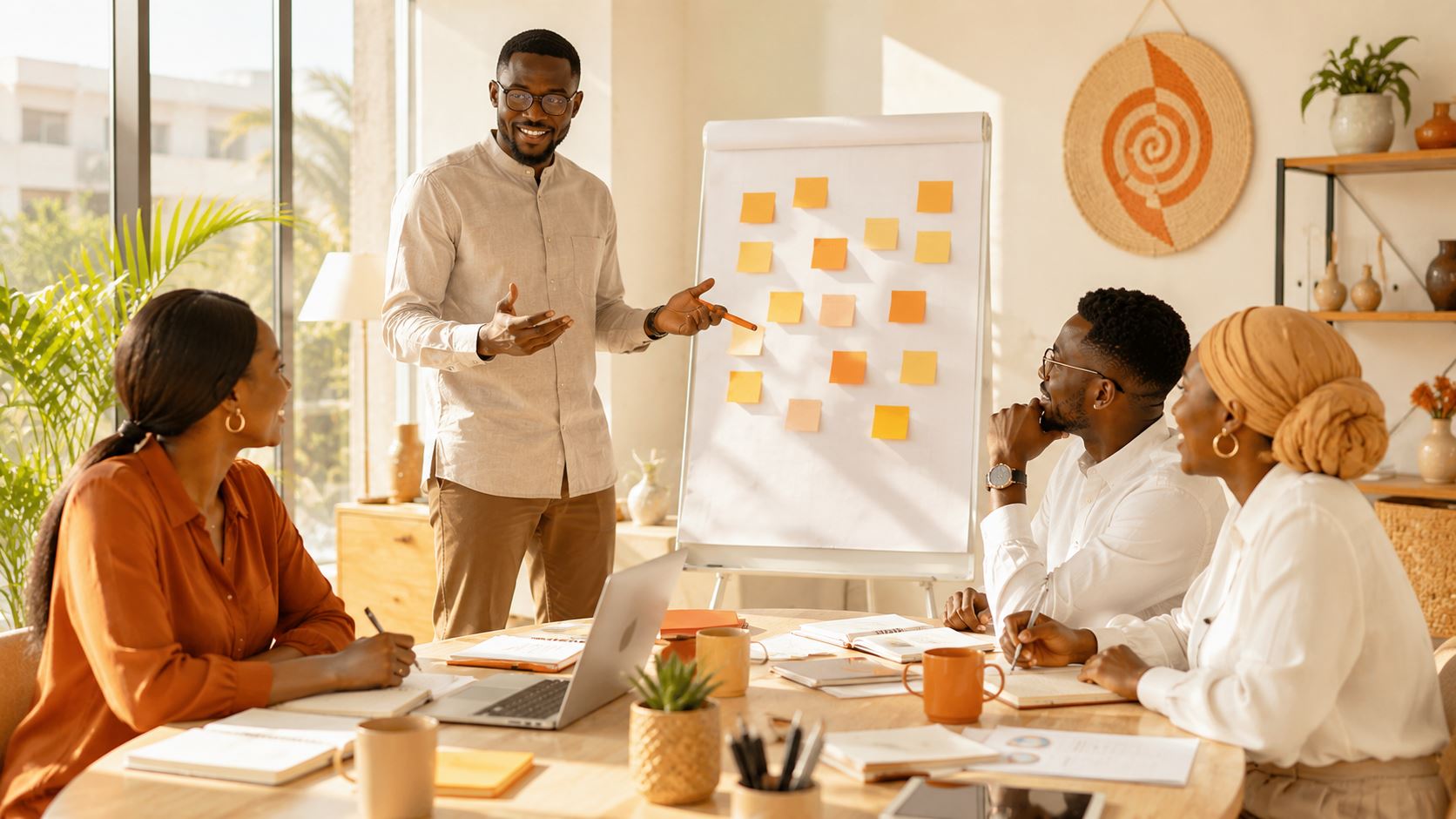 Atelier de conseil stratégique autour d'une table avec des entrepreneurs sénégalais