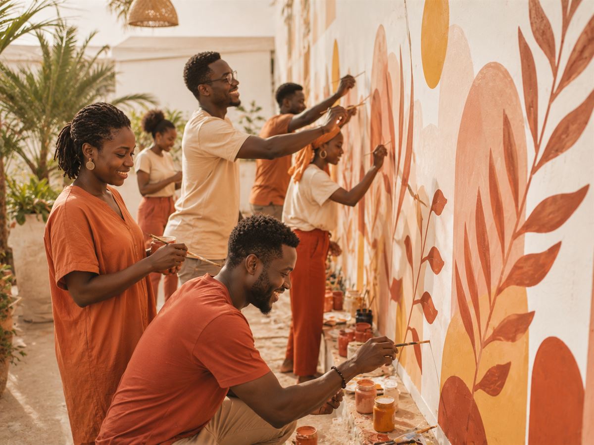 Équipe peignant une fresque collective lors d'un atelier créatif de team building à Dakar