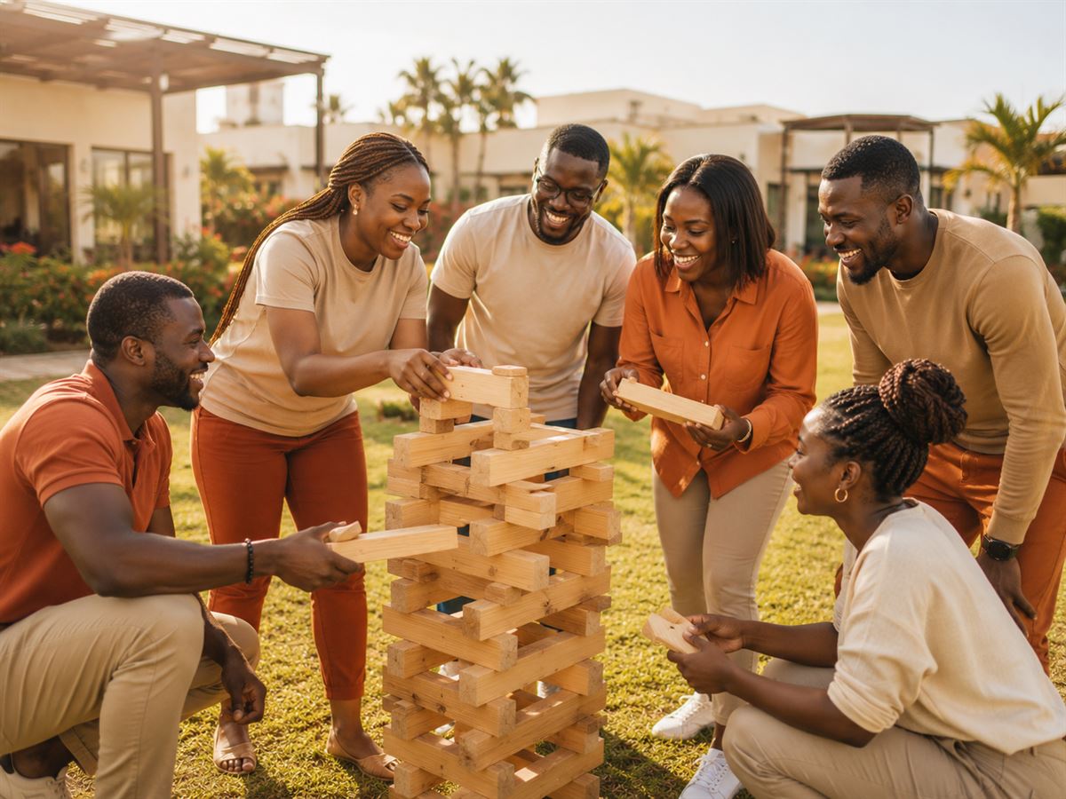 Collaborateurs sénégalais relevant ensemble un défi d'équipe lors d'un team building 2B Business Booster